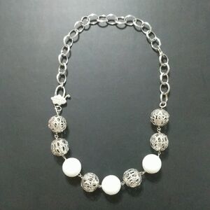 Invicta White Agate Rhodium Plated Filagree Statement Necklace